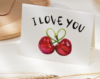 I Love You Cherries Heart Greeting Card, Romantic Anniversary Card