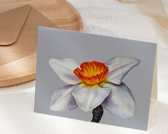 Cartão de felicitações com aquarela de narcisos brancos, cartão botânico de primavera