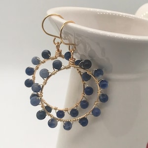 Sodalite Blue Gold Hoops ,Sodalite Earrings , Blue Gemstone Hoops , Gold Gemstone Hoops , Wire Wrapped Hoop Earrings , Blue Earrings