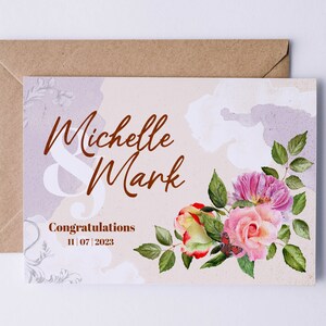 Cartão personalizado para o dia do casamento, cartão de felicitações para o casamento, cartão floral para o dia do casamento, cartão romântico, cartão de rosas e borboletas