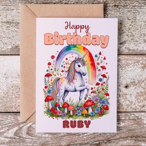 Carte d'anniversaire prénom enfant Costum, carte d'anniversaire licorne, carte de visite personnalisée, carte de voeux arc-en-ciel, voiture de voeux fille thème licorne