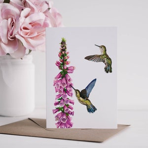 Kolibri Fingerhut Grußkarte, Geburtstagskarte, Kolibri Karte, Botanische Illustrierte Karte, Blanko Karte, Muttertagskarte, Blumenkarte