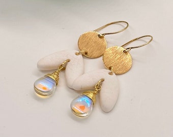 Two Tier Leaf Earring, Brass Earrings, Glass Earrings, Statement Polymer Earrings, Clay Dangle Earring, White and Gold Jewellery