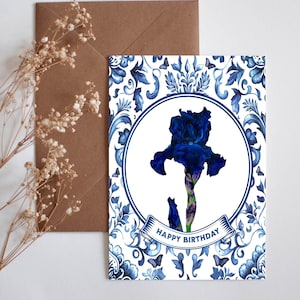 Carte de voeux Iris, carte de joyeux anniversaire, carte de printemps, carte de botanique, carte intérieure vierge, carte de jardin, iris bleu. Carte de fête des mères, carte florale