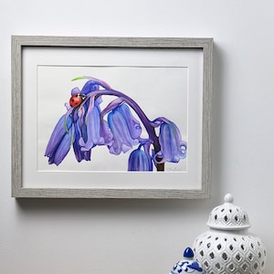 Pittura ad acquerello Bluebell, Illustrazione botanica primaverile, Arte del fiore blu, Pittura coccinella, Pittura botanica, Regalo giardiniere, Gif mamma