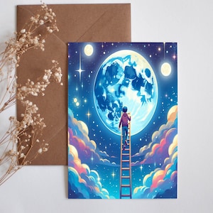 Carte Grimper jusqu'à la lune, carte de joyeux anniversaire, carte d'anniversaire d'enfants de l'espace, intérieur vierge, carte galaxie motivante pour enfants, carte d'anniversaire de garçons
