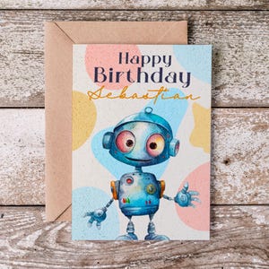 Carte d'anniversaire robot personnalisée, carte de visite pour enfant, carte de voeux robot, thème robot, carte d'anniversaire scientifique, carte pour petit-fils, carte personnalisée