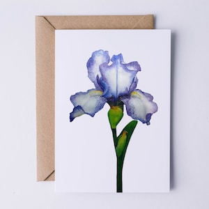 Wenskaart kleine iris, gelukkige verjaardagskaart, lentekaart, botanische kaart, blanco binnenkant, tuinkaart, blauwe iris. Moederdagkaart