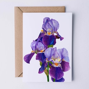 Biglietto di auguri Dancing Iris, biglietto di auguri di buon compleanno, biglietto di primavera, biglietto botanico, vuoto all'interno, biglietto da giardino, iris viola. Biglietto per la festa della mamma
