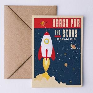 Kids Rocket Card, Reach For The Stars Birthday Card, Space Kids Birthday Card, Blank Inside, Rocket Kids Card, Personalised Birthday Card