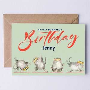 Passez un parfait anniversaire, carte d'anniversaire drôle de chat, carte personnalisée de chat, humour de jeu de mots de chat, carte mignonne personnalisée, nom sur la carte, carte de maman de chat