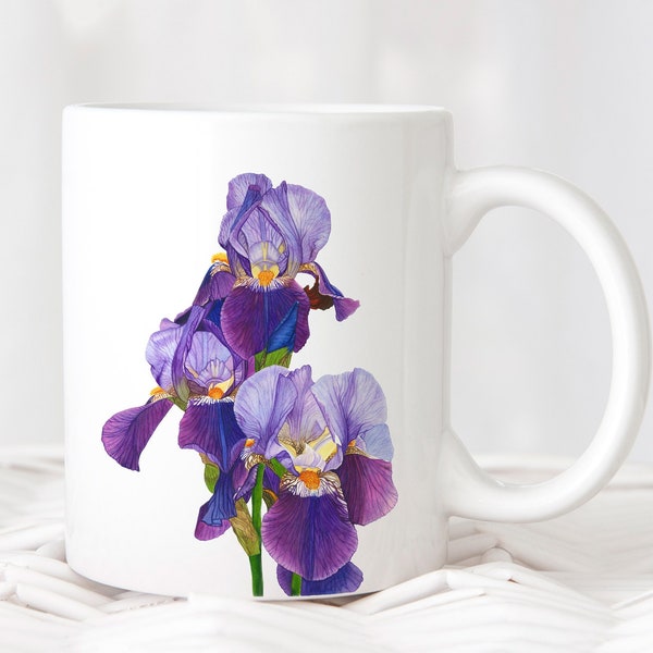 Iris Coffee Mug, Tea Mug, Kitchen Gift, Garden Mug Gifts, Plant Lady Mug, Spring Flower, Iris White Ceramic Mug, Just Because, Botanical Mug