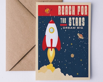 Kids Rocket Card, Reach For The Stars Birthday Card, Space Kids Birthday Card, Blank Inside, Rocket Kids Card, Personalised Birthday Card