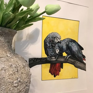 Pittura originale del pappagallo grigio africano, pittura del pappagallo grigio a penna e acquerello, pittura originale dell'uccello grigio africano, pittura in stile retrò