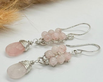 Pendientes de cuarzo rosa de plata de ley, pendiente de piedra preciosa en racimo, regalo de joyería de aniversario de boda, regalo de bodas de plata, pendiente para mamá