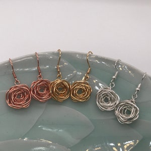 Rose Wrap Wire Earrings, Dangle Flower Earrings, Silver gold Rose Shaped Earrings, Earrings for Wedding, Elegant Rose Shape Earring