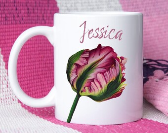 Personalised Tulip Mug, Flower Gift, Tulip Spring gift for her, Birthday Name Mug, Floral Mug, Botanical Illustrated Mug, Pink Flower