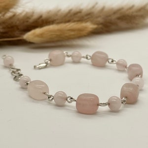 Rose Quartz Sterling Silver Bracelet, Crystal Bracelet, Tumbled Beaded Bracelet, Birthstone Bracelet, Beaded Bracelet, Handmade Jewellery