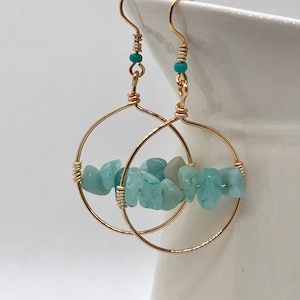 Gold Wire Wrapped Hoop Earrings, Ammonite Nugget Chip Bead Earrings, Turquoise Colour Earrings, Elegant Summer Earrings, Gemstone Earrings.