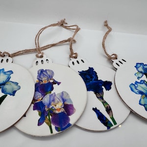 Personalized Iris Ornament, Botanical Wooden Flower Art, Handmade
