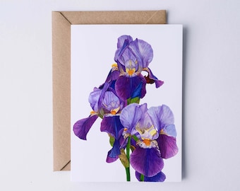 Dancing Iris Greeting Card, Happy Birthday Card, Spring Card, Botanical Card, Blank Inside, Garden Card, Purple Iris. Mother&#39;s Day Card