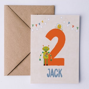 Tarjeta de segundo cumpleaños, tarjeta personalizada de robot, tarjeta de segundo cumpleaños, tarjeta personalizada, tarjeta de cumpleaños de niño robot, tarjeta de felicitación, tarjeta con nombre para niños