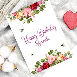 Verjaardagskaart voor haar vriendin vrouw, wenskaart Valentijnsdag, bloemen botanische kaart, romantische kaart, rozenkaart, kaart personaliseren