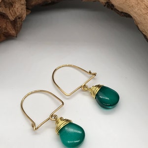 Arch Shaped Earring, Raw Brass Earrings, Boho Dangle earrings, Colourful Green Earrings, Minimalist Earrings, Glass Beaded Earrings image 4