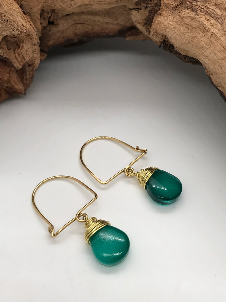 Arch Shaped Earring, Raw Brass Earrings, Boho Dangle earrings, Colourful Green Earrings, Minimalist Earrings, Glass Beaded Earrings image 4