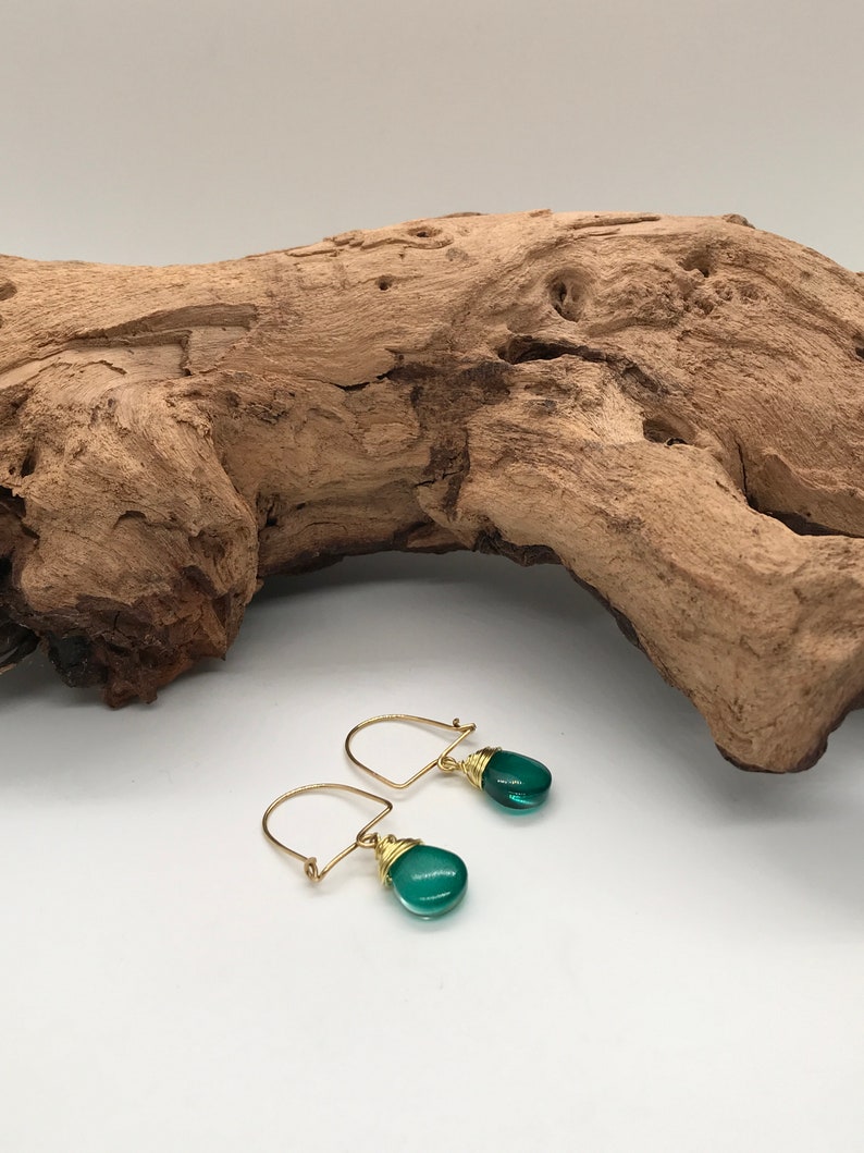 Arch Shaped Earring, Raw Brass Earrings, Boho Dangle earrings, Colourful Green Earrings, Minimalist Earrings, Glass Beaded Earrings image 5
