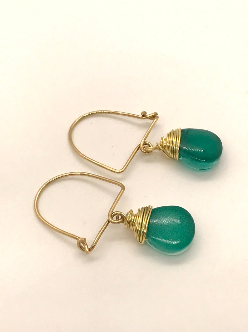 Arch Shaped Earring, Raw Brass Earrings, Boho Dangle earrings, Colourful Green Earrings, Minimalist Earrings, Glass Beaded Earrings image 2