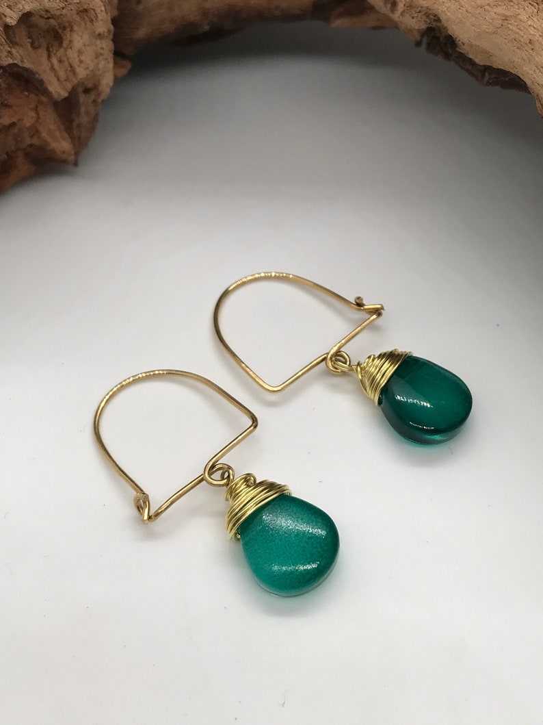 Arch Shaped Earring, Raw Brass Earrings, Boho Dangle earrings, Colourful Green Earrings, Minimalist Earrings, Glass Beaded Earrings image 1