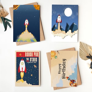 Pacchetto di biglietti d'auguri a tema spaziale, biglietto razzo, pacchetto regalo di carte razzo da quattro, biglietto vuoto, biglietto di compleanno per bambini, biglietto astronauta, biglietto nome