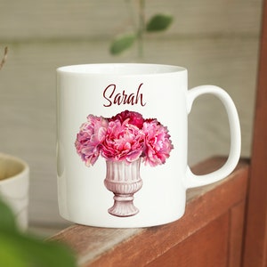 Personalised Peony Mug, Flower Gift, Peony gift for her, Birthday Peony Mug, Name Mug, Botanical Illustrated Mug, Pink Flowers In Urn