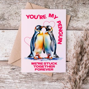 Tarjeta de San Valentín con pingüino, Tarjeta con un animal lindo, Tarjeta romántica, Tarjeta ilustrada con pingüino, Tarjeta de aniversario divertida, Arte con pingüinos, Tarjeta caprichosa