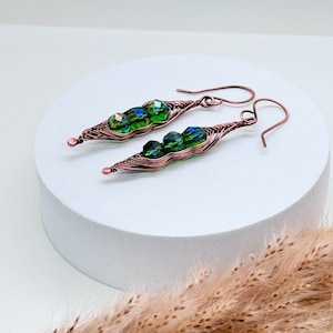 Herringbone Kupfer Ohrringe, Erbsen in einer Schote Ohrring, 7. Hochzeitstag Geschenk, Antiqued Kupferohrring, Wire Wrapped Boho Schmuck