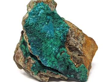 Bright Silica Chrysocolla Crystals on Matrix with Malachite - raw mineral display, meditation stone