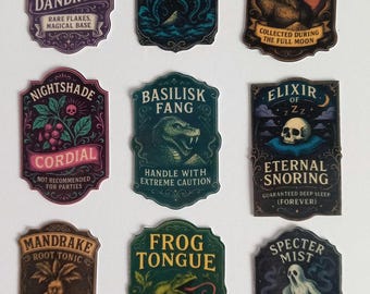 Labels for drink bottles, Potions Labels stickers, halloween party, 9 pieces
