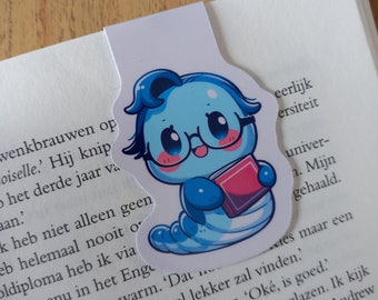 Magnetic bookmark Blue Bookworm with glasses