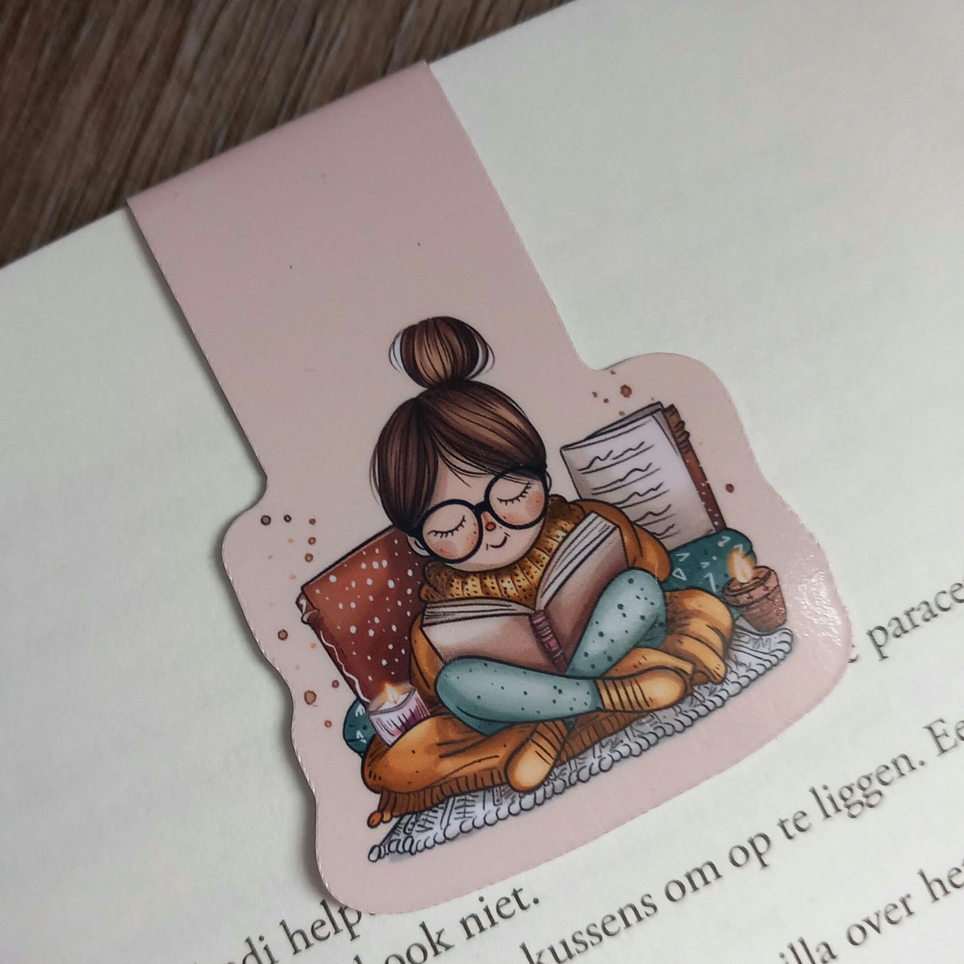 Magnetic bookmark autumn girl, reading a book, booklover, girl with glasses