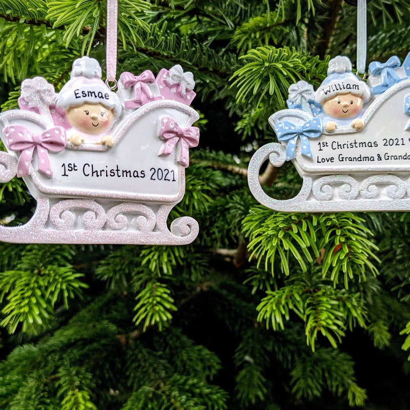 Personalised Sleigh Babys First Christmas Tree Decoration 2024 Granddaughter Grandson New Baby Girl Boy 1st Xmas Bauble Hanging Ornament