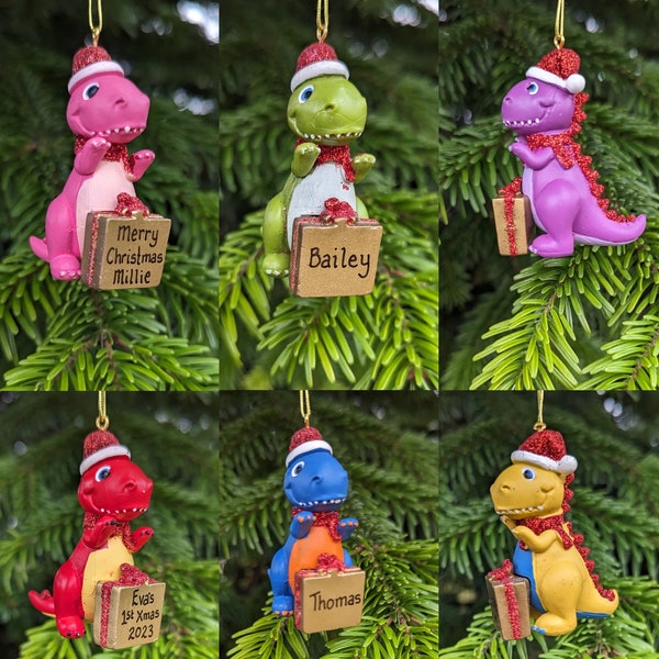 Childrens Dinosaur Personalised Christmas Tree Decorations Kids Hanging Ornament Stocking Filler Cute Bauble First 1st Xmas 2023 Dino Gift