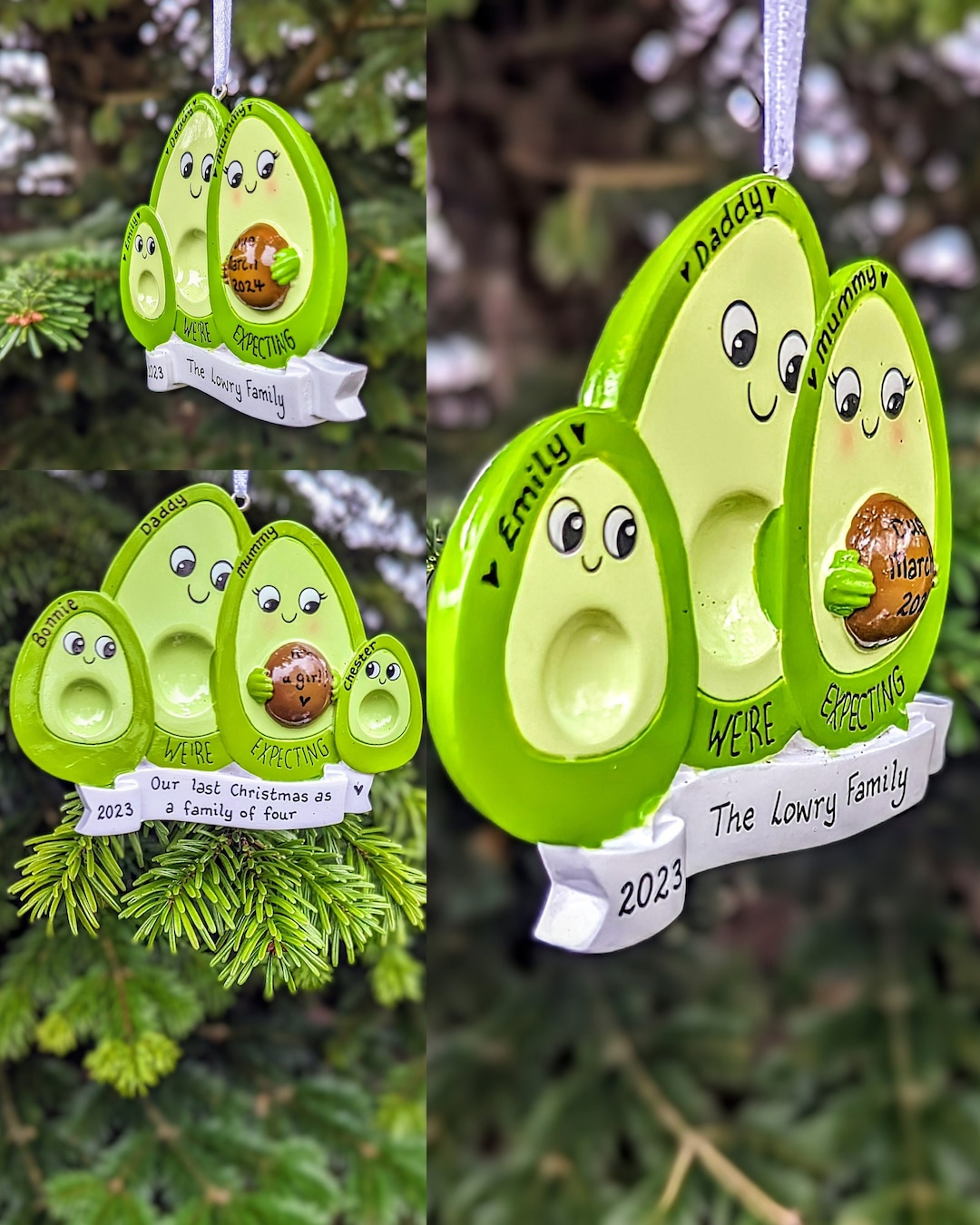 Personalised Pregnant Avocado Family of 3 4 + Bump Christmas Tree ...