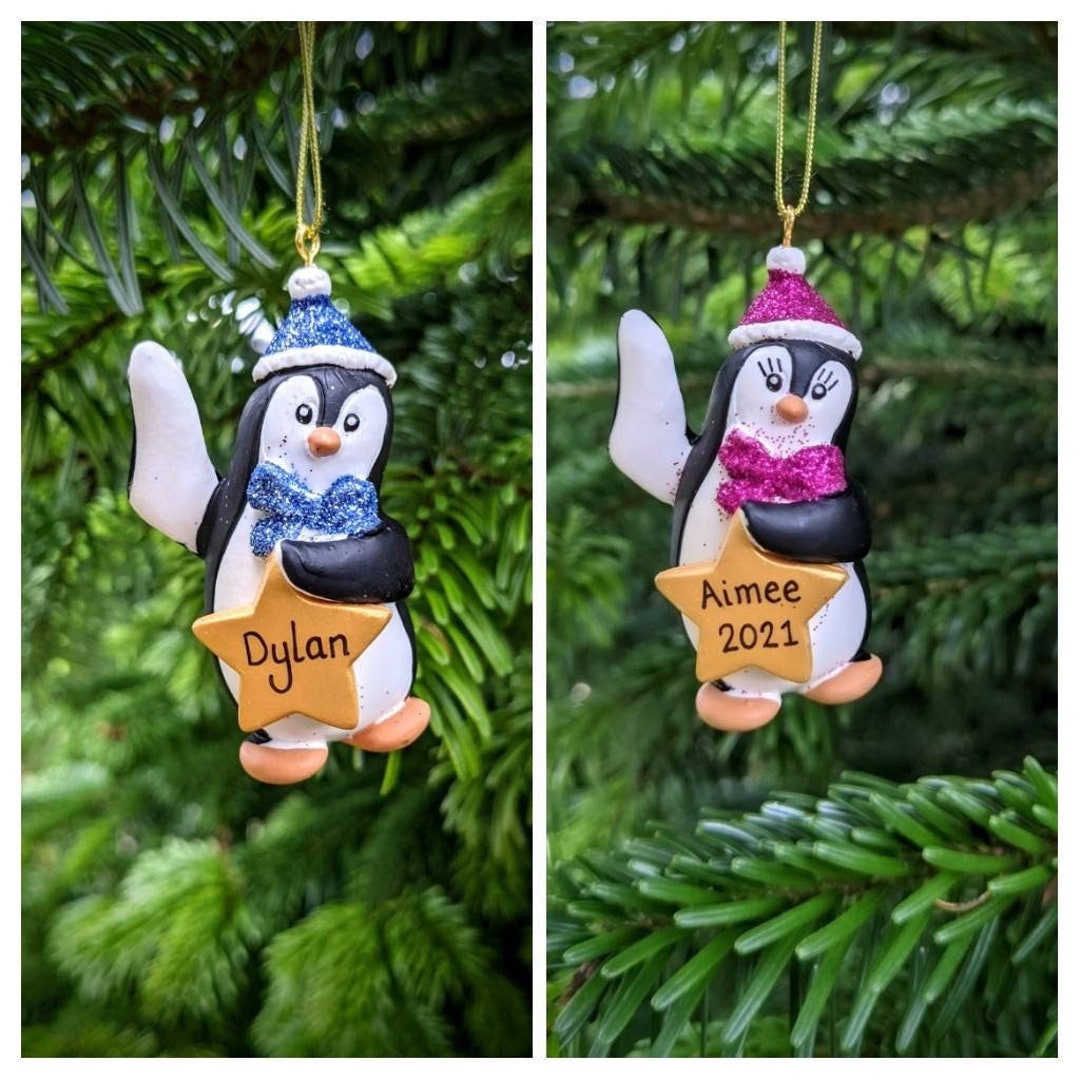 Personalised Penguin Christmas Tree Decorations Cute Childrens Bauble Kids Hanging Ornament 1st