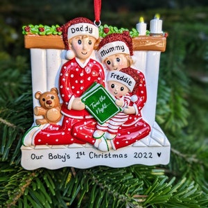 Personalised Family in Bed Reading Christmas Tree Decoration Babys 1st Our First Xmas together family of 3 4 5 6 2023 Bauble Keepsake