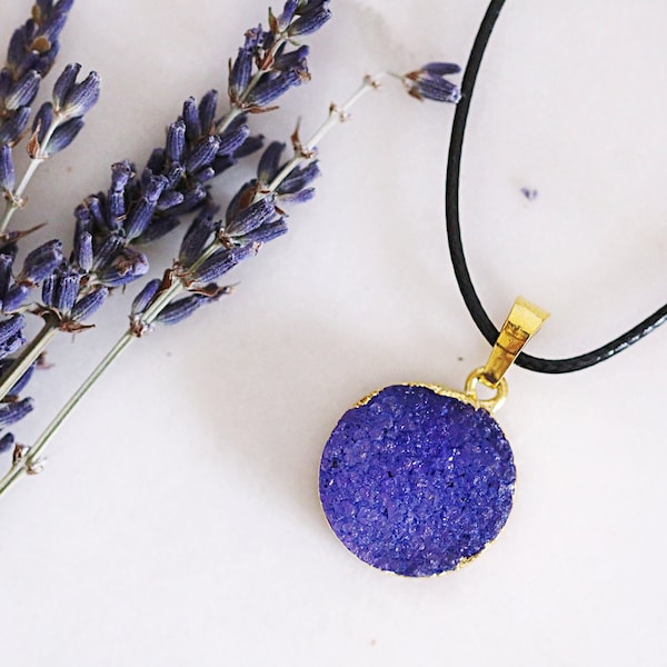 Purple Druzy Necklace - Round Circle Crystal Pendant - Purple Geode Necklace - Druzy Geode Jewellery - Crystal Necklace - Gold Coated