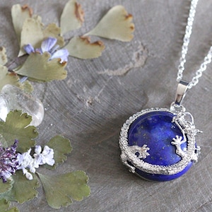 Lapis Lazuli Dragon Necklace - Blue Lapis Lazuli Pendant - Silver Dragon Necklace - Healing Jewellery - Blue Circle Round Crystal Necklace