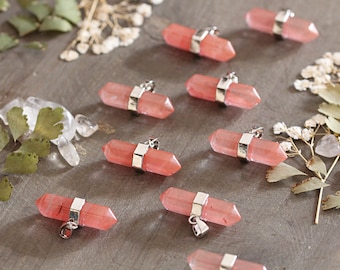 Colar de quartzo cereja - pingente de cristal de quartzo cereja rosa - colar de cristal hexagonal horizontal - pingente de cristal rosa - pedra de cura