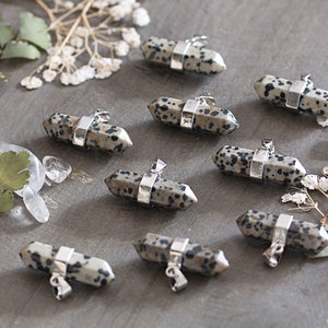 Dalmatian Jasper Necklace - Crystal Point Necklace - Dalmatian Jasper Stone Pendant - Horizontal Hexagonal Crystal Point - Dalmatian Stone