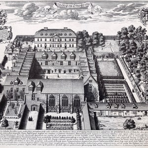 Trinity College Oxford Print 1675, David Loggan Historical Bird&#39;s Eye View